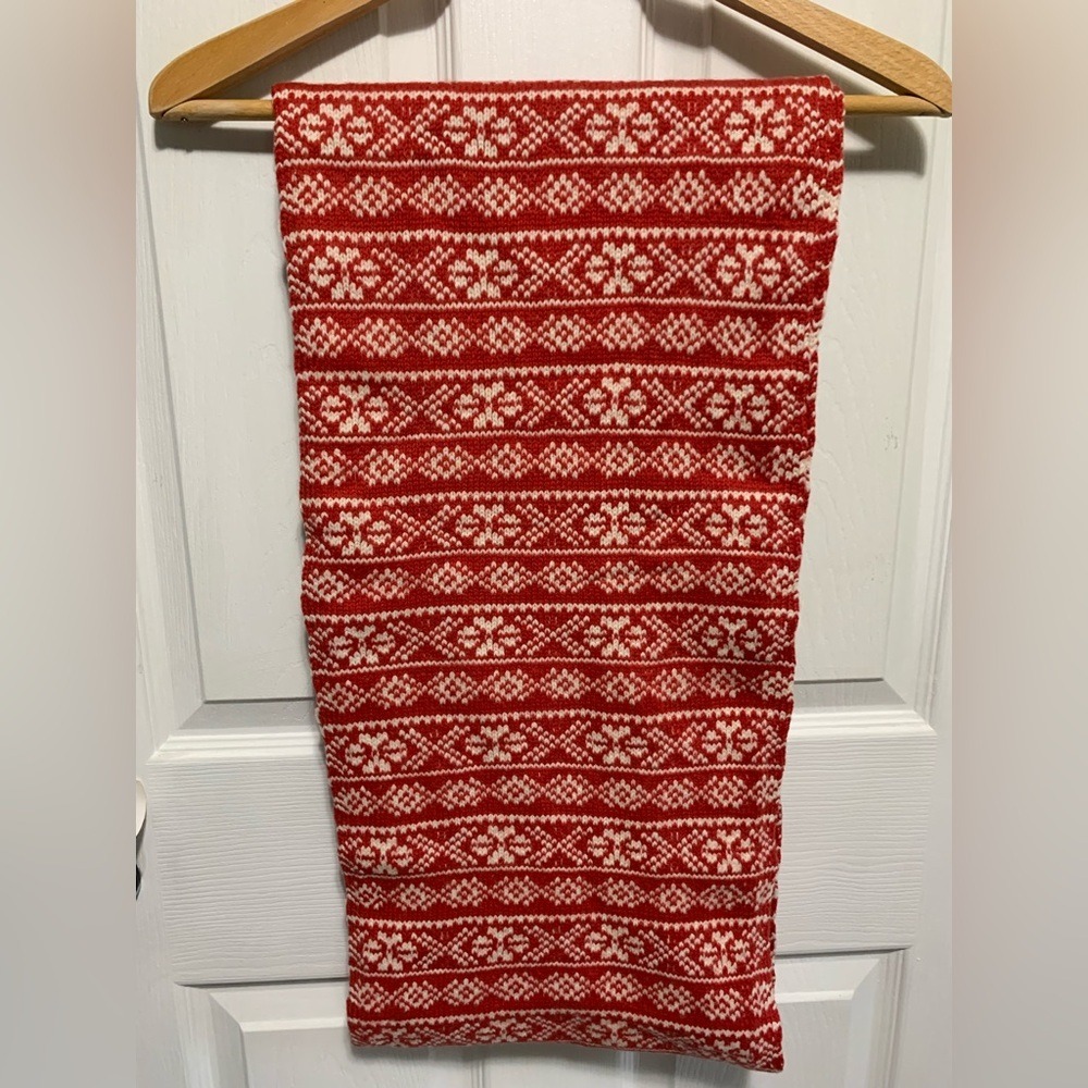 Red and White Fair Isle knit Wool Blend Unisex Infinity scarf Winter Warm